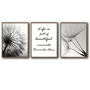 Set of 3 Black White Dandelion Inspirational Quote Framed Wall Art Prints