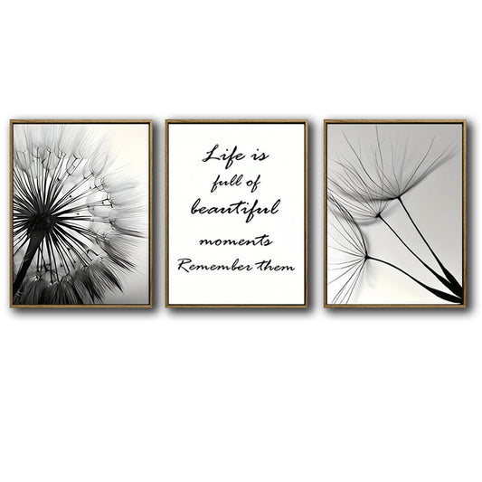 Set of 3 Black White Dandelion Inspirational Quote Framed Wall Art Prints