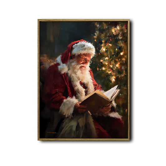 Vintage Santa Reading Book Framed Wall Art Oil Painting Christmas Print