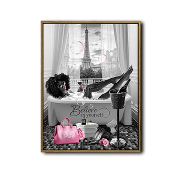 Black Woman Luxury Paris Bathroom Wall Art, Believe In Yourself Afro Lady Eiffel Tower Pink Accent Canvas Decor