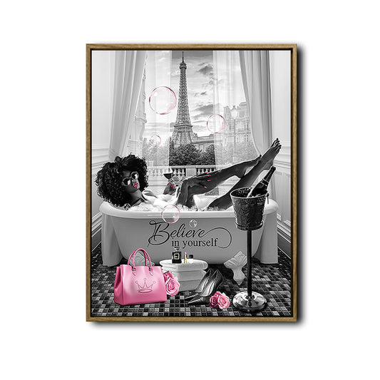 Black Woman Luxury Paris Bathroom Wall Art, Believe In Yourself Afro Lady Eiffel Tower Pink Accent Canvas Decor