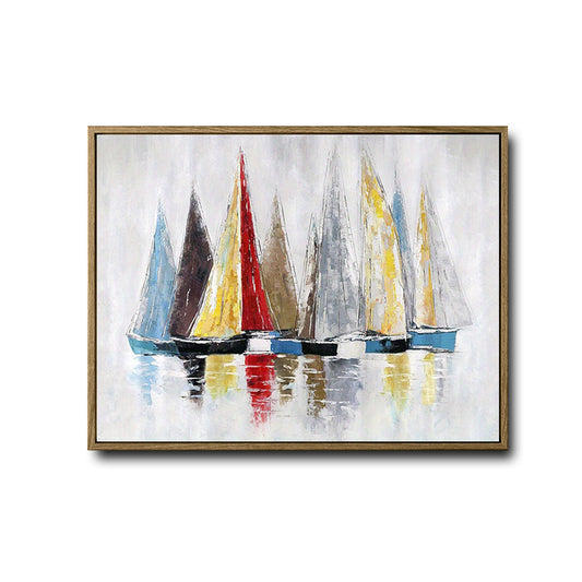 Colorful Sailboat Reflection Canvas Wall Art, Impasto Abstract Sailboats on Water Oil Painting Print, Horizontal Modern Nautical Coastal Living Room Wall Decor