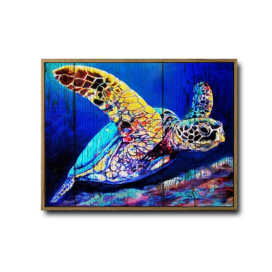 Coastal Beach House Wall Decor, Bright Multicolor Sea Turtle Painting On Distressed Blue Wood Plank Background, Underwater Marine Life Horizontal Canvas Art, Nautical Tropical Artwork