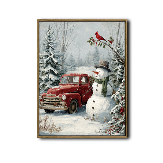 Red Truck Snowman Cardinal Bird Framed Canvas Wall Art, Country Christmas Decor