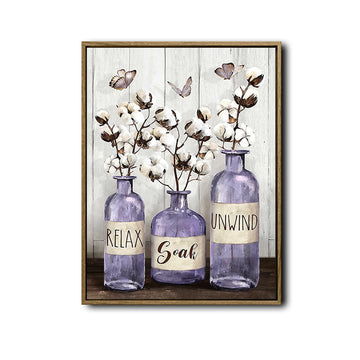 Farmhouse Bathroom Canvas Wall Art, Lavender Purple Jars Cotton Flower Relax Soak Unwind Spa Poster