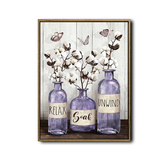 Farmhouse Bathroom Canvas Wall Art, Lavender Purple Jars Cotton Flower Relax Soak Unwind Spa Poster