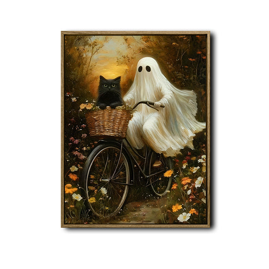 Ghost Riding Bicycle With Black Cat Wildflower Canvas Wall Art, Vintage Oil Painting Spooky Cute Halloween Vertical Print, Dark Academia Cottagecore Halloween Wall Decor