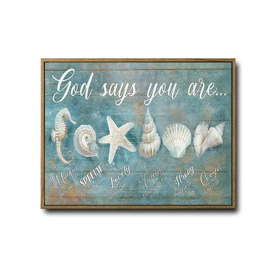 God Says You Are Coastal Bible Verse Canvas Print, Seashell Christian Horizontal Wall Art