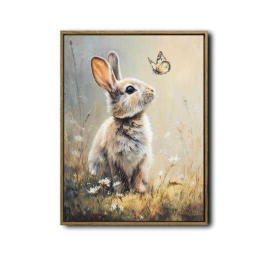 Bunny and Butterfly Meadow Canvas Print, Spring Farmhouse Wall Art