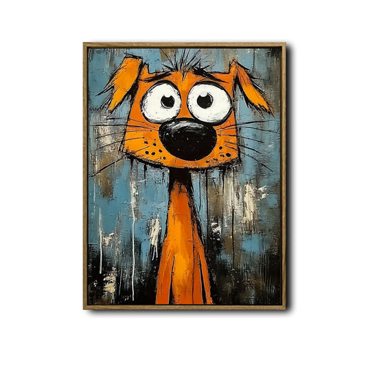 Abstract Orange Funny Dog Canvas Wall Art, Whimsical Big Eyed Cartoon Dog Painting, Modern Graffiti Style Pet Wall Decor for Living Room Bedroom