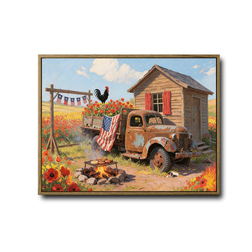 Farmhouse Country Rustic Truck Rooster Canvas Wall Art, Retro Rural Farm American Flag Poppy Flower Patriotic Canvas Print