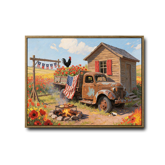 Farmhouse Country Rustic Truck Rooster Canvas Wall Art, Retro Rural Farm American Flag Poppy Flower Patriotic Canvas Print