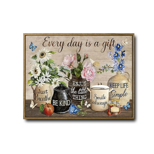 Rustic Motivational Wall Decor, Wildflowers Peonies Vintage Pottery Butterfly “Every Day Is A Gift” Positive Sayings Weathered Wood Canvas Art, Horizontal Country Farmhouse Kitchen Floral Artwork