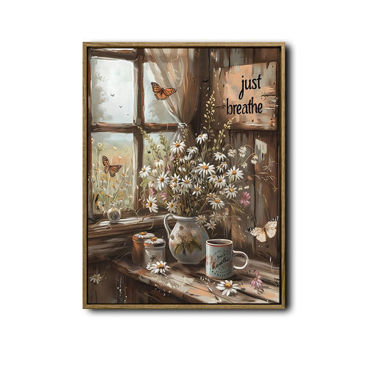 Vintage Country Window Still Life Wall Decor, White Daisy Butterfly "Just Breathe" Motivational Canvas Art, Vertical Shabby Chic Farmhouse Cottage Artwork
