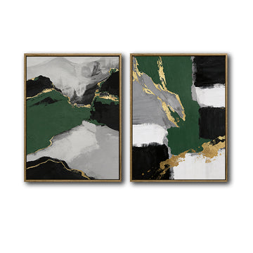2 Piece Luxury Emerald Green Gold Leaf Abstract Landscape Canvas Prints Palette Knife Modern Glam Neutral Wall Ar