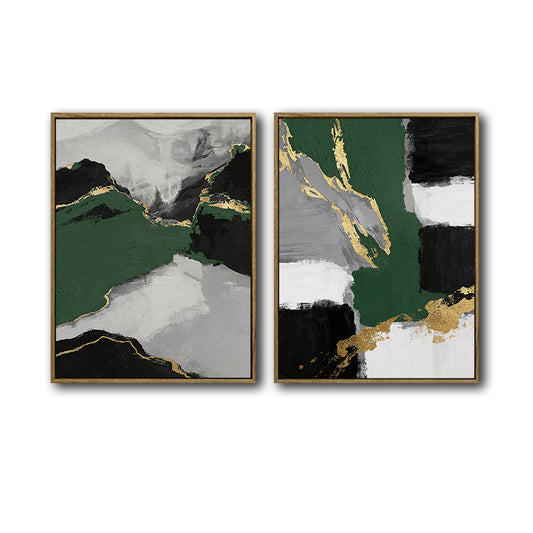 2 Piece Luxury Emerald Green Gold Leaf Abstract Landscape Canvas Prints Palette Knife Modern Glam Neutral Wall Ar