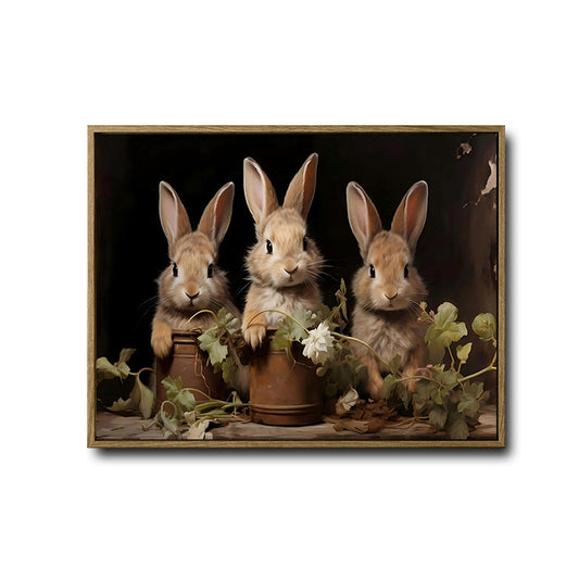 Cottage Farmhouse Wall Decor, Three Cute Brown Rabbits With Terracotta Flower Pots & Green Foliage, Dark Moody Vintage Oil Painting Horizontal Canvas Art, Rustic Spring Easter Bunny Artwork