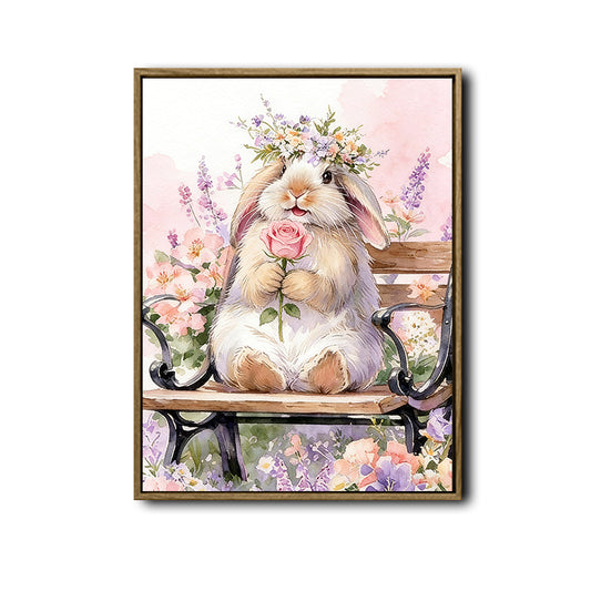 Watercolor Lop Bunny Flower Crown Rose Garden Bench Canvas Wall Art
