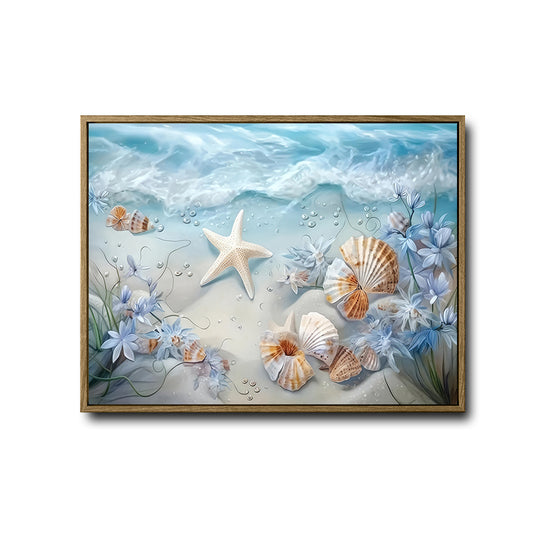 Underwater Starfish Seashell Blue Floral Canvas Print, Coastal Beach Horizontal Wall Art