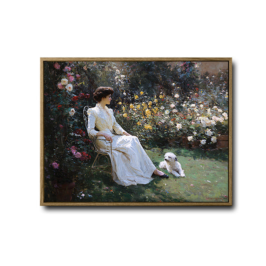 Classic Vintage Garden Scene Canvas Art | Romantic Victorian Lady & Dog Artwork for French Country Cottage Decor