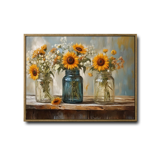 Sunflower Wildflower Mason Jar Canvas Wall Art, Three Glass Jars Floral Still Life Horizontal Print, Farmhouse Rustic Country Sunflower Wall Decor