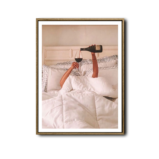 Trendy Wine In Bed Canvas Wall Art, Aesthetic Woman Pouring Wine Poster, Fun Eclectic Bedroom Apartment Decor
