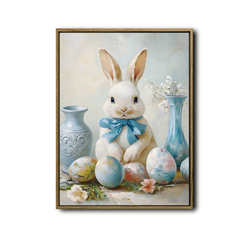 White Bunny Blue Bow Easter Eggs Still Life Canvas Wall Art
