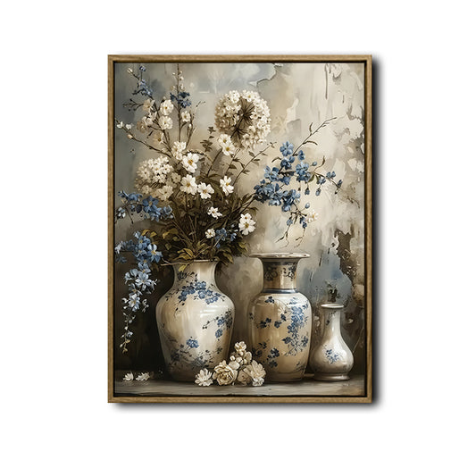 Neutral Farmhouse Wall Decor, White & Blue Wildflowers Bouquet in Antique Blue and White Porcelain Vases Textured Vintage Background Vertical Canvas Art, Classic Oriental Floral Still Life Artwork