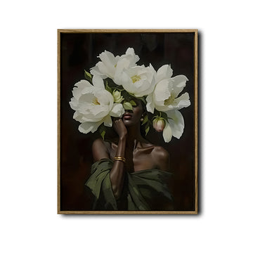 Black Woman With White Peony Flowers Canvas Wall Art, Elegant African American Woman Floral Portrait Painting, Dark Moody Botanical Lady Wall Decor