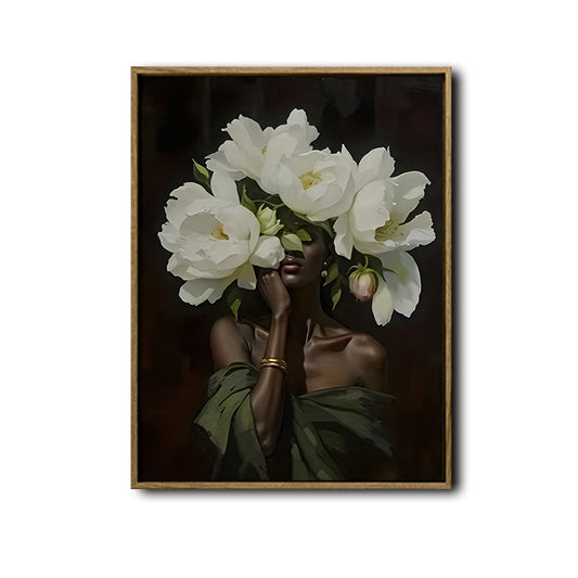Black Woman With White Peony Flowers Canvas Wall Art, Elegant African American Woman Floral Portrait Painting, Dark Moody Botanical Lady Wall Decor
