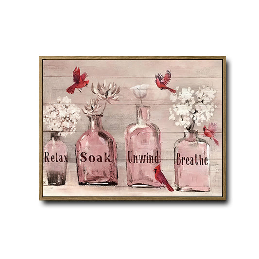 Farmhouse Bathroom Wall Print, Red Cardinals Pink Glass Vases Relax Soak Unwind Breathe Spa Canvas Decor