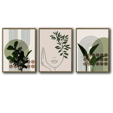Set of 3 Sage Green Boho Abstract Face Leaf Geometric Framed Wall Art Prints