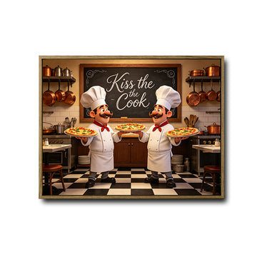 Kiss The Cook Cartoon Chef Pizza Canvas Wall Art