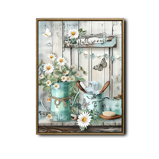 Vintage Teal Watering Can Daisy Butterfly Bathroom Canvas Wall Art, Farmhouse White Wooden Plank Bath Sign Vertical Print, Shabby Chic Country Bathroom Wall Decor