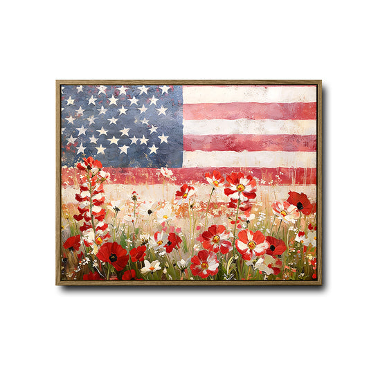 Patriotic USA Flag Red Poppy Wildflower Canvas Wall Art, Distressed Vintage Framed Print for Living Room Home Decor