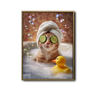 Whimsical Spa Cat Bathroom Poster, Ginger Cat Relaxing In Bubble Bath With Rubber Duck Print, Humorous Wall Art for Cat Lovers