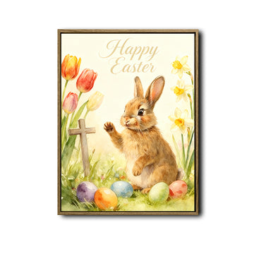 Happy Easter Rabbit Floral Cross Canvas Print