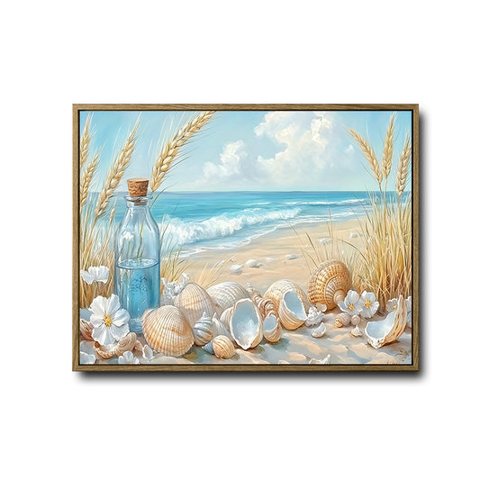 Beach Seashell & Message Bottle Canvas Print, Coastal Horizontal Wall Art