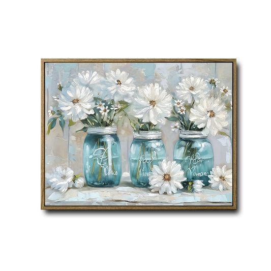 Shabby Chic Wall Decor, White Daisies In Turquoise Glass Jars Faith Hope Love Text Distressed Pale Background Canvas Art, Horizontal Rustic Cottage Farmhouse Floral Artwork