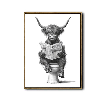 Novelty Highland Cow Wall Canvas, Funny Farm Animal Sitting On Toilet Reading Newspaper Artwork, Rustic Powder Room Decor