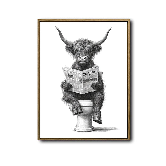 Novelty Highland Cow Wall Canvas, Funny Farm Animal Sitting On Toilet Reading Newspaper Artwork, Rustic Powder Room Decor