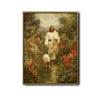 Classical Painting Style Jesus Walking With Sheep On Floral Path Framed Canvas Wall Art, Inspirational Religious Farmhouse Decor