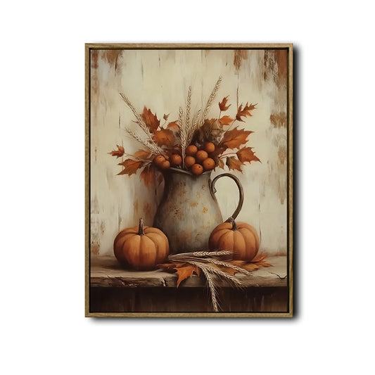 Vintage Fall Pumpkin Metal Pitcher Canvas Wall Art, Autumn Wheat Maple Leaf Still Life Vertical Print, Rustic Farmhouse Thanksgiving Harvest Wall Decor