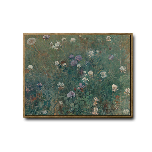 Muted Vintage Wild Grass & Clover Canvas Art | Dark Green Botanical Meadow Artwork for Cottage French Country Decor
