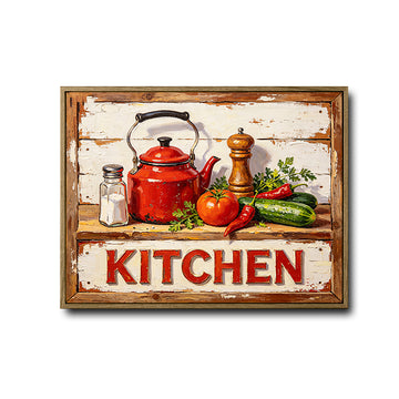 Red Kettle Rustic Kitchen Canvas Wall Art