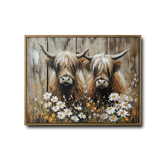 Farmhouse Country Wall Decor, Pair of Fluffy Highland Cows Among White Daisies, Vintage Distressed Wooden Plank Texture Oil Painting Style Horizontal Canvas Artwork
