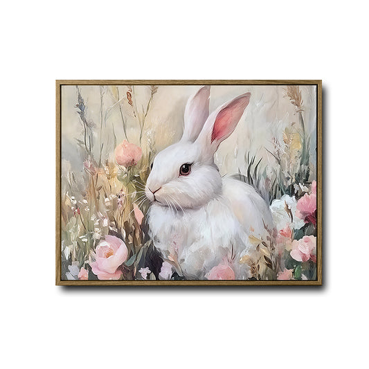 Cottagecore Farmhouse Wall Decor, Fluffy White Bunny Sitting Among Pink Wildflowers, Soft Muted Vintage Oil Painting Horizontal Canvas Art, Neutral Spring Easter Floral Rabbit Artwork