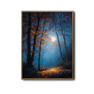 Night Autumn Forest Full Moon Canvas Wall Art Mystical Landscape Home Decor