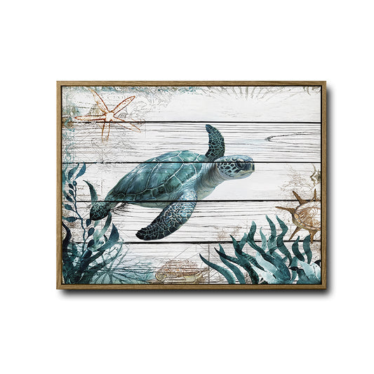 Vintage Sea Turtle Canvas Print, Wooden Plank Coastal Ocean Starfish Nautical Wall Art