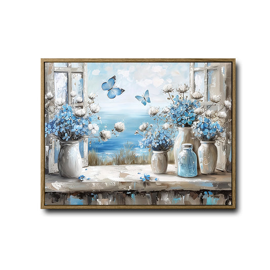 Coastal Window Blue Flower Butterfly Canvas Wall Art, Vintage Vase Seaside Ocean View Impasto Oil Painting Print, Horizontal Farmhouse Cottage Living Room Decor